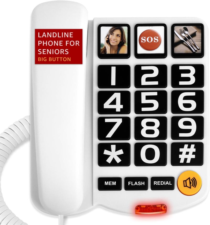 Uvital Large Button Phones for Seniors, White Corded Landline Phone with 3 One-Touch Dialing Big Buttons, Hands-Free, Loud Ringer, Adjustable Volume, Easy for Visually Impaired Telephone for Seniors - Image 1